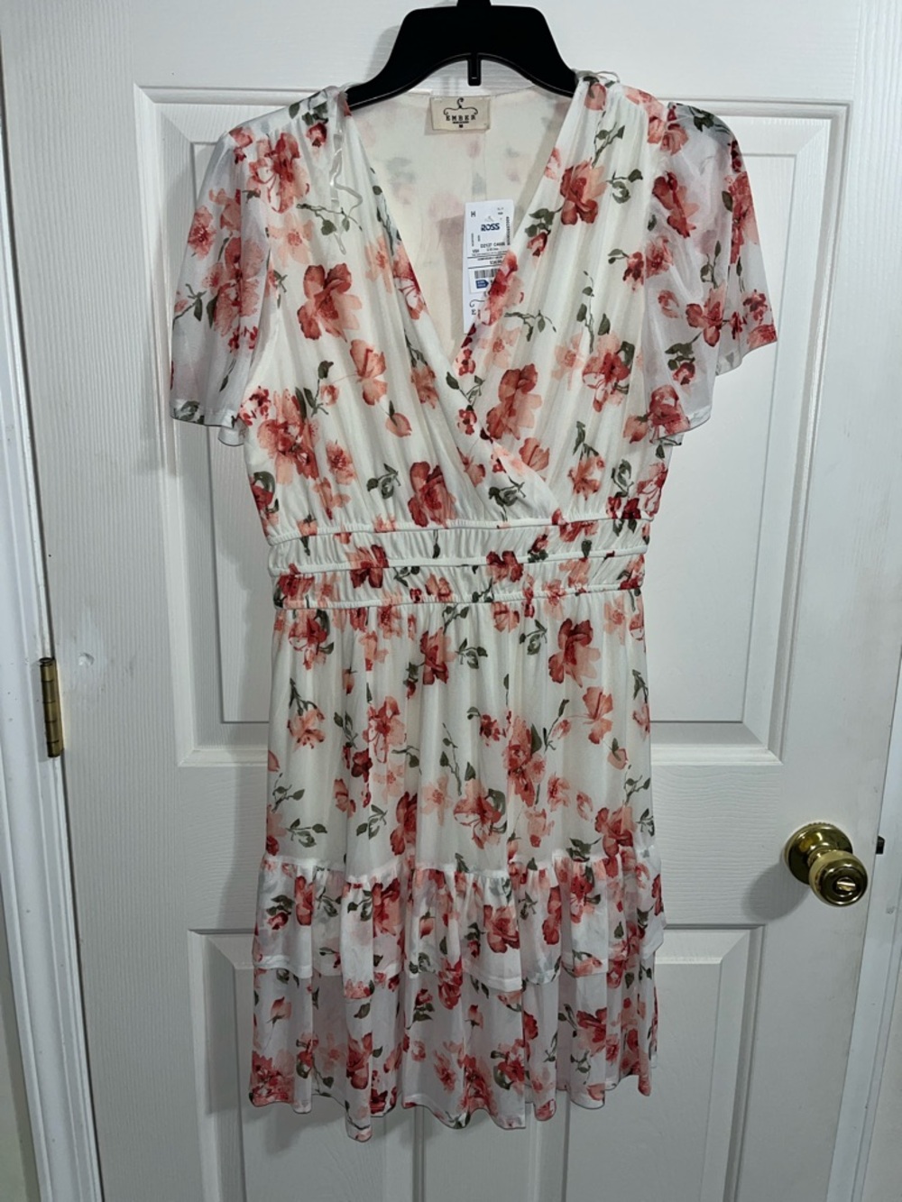 Floral V-Neck Mini Dress - Cream with Coral Flowers